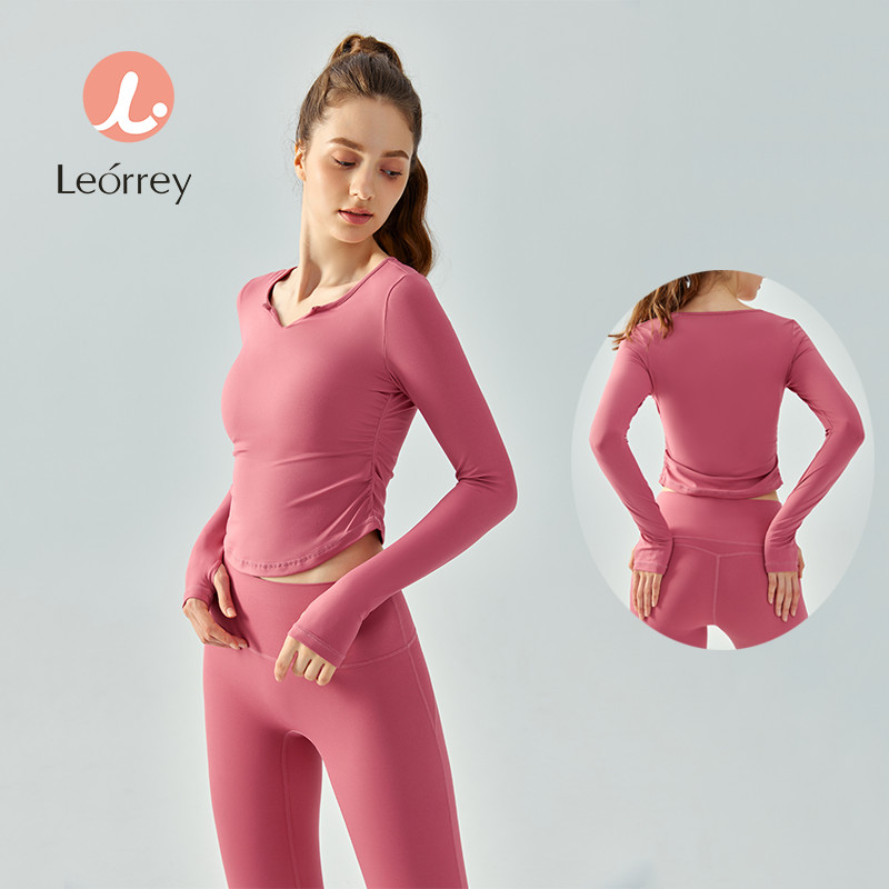 Leorrey-V-Neck YOGA TOP SLIM FIT เสื้อยืดแขนยาววิ่งระบายอากาศได้ฟิตเนส Wear