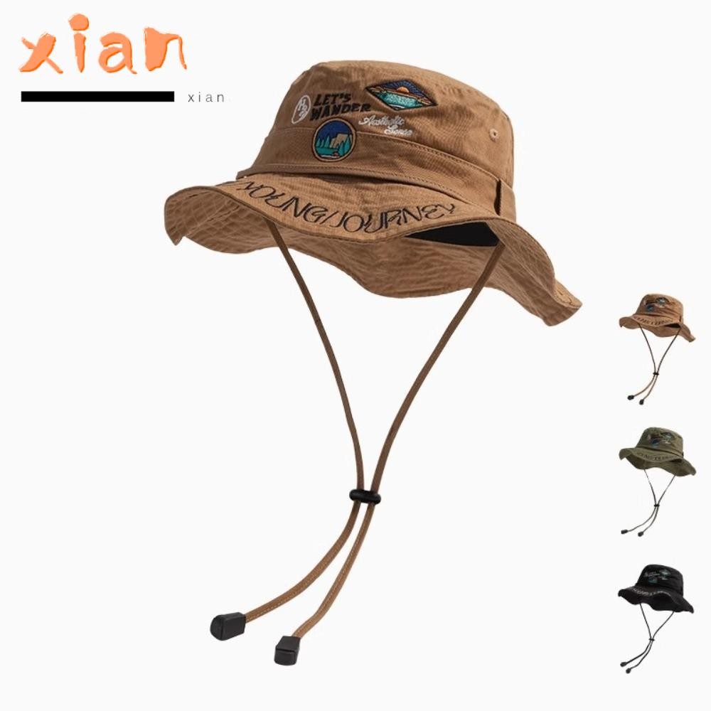 Xianen หมวกชาวประมง, หมวกปีนเขาป้องกันรังสียูวีเย็บปักถักร้อย, กันแดดแบบพกพากันลมผ้าฝ้ายหมวกกลางแจ้งเดินป่า
