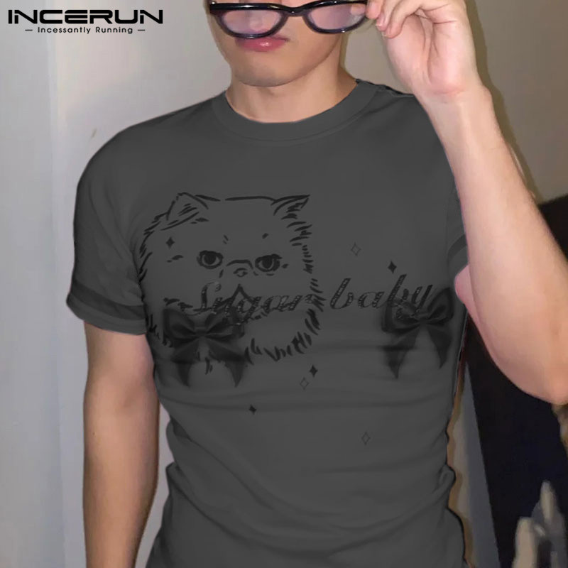 ไม่แน่นอน ผู้ชายเกาหลีลําลองรอบคอผูกแมวพิมพ์เสื้อยืดแขนสั้น