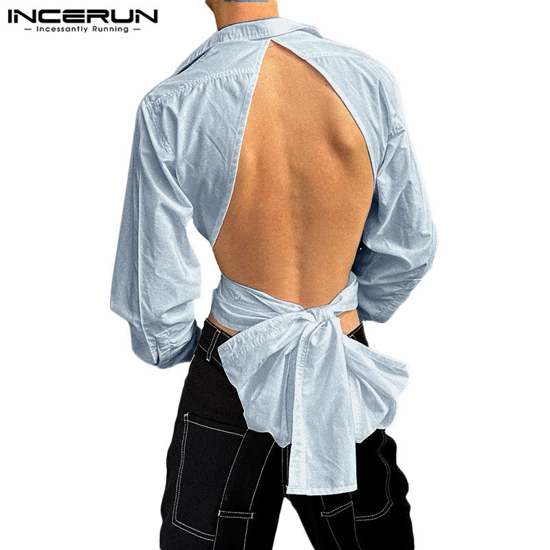 Incerun Men Vintage Casual Deconstructing Loose Backless Design Shirts