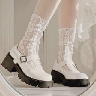 ถุงเท้าข้อกลาง ผ้าตาข่าย แต่งลูกไม้ ลายดอกไม้ สีขาว บาง ระบา…