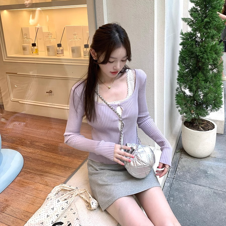 เกาหลีลูกไม้เย็บชายแดนผู้หญิงอเนกประสงค์แขนยาวถักเสื้อกันหนาว 241008