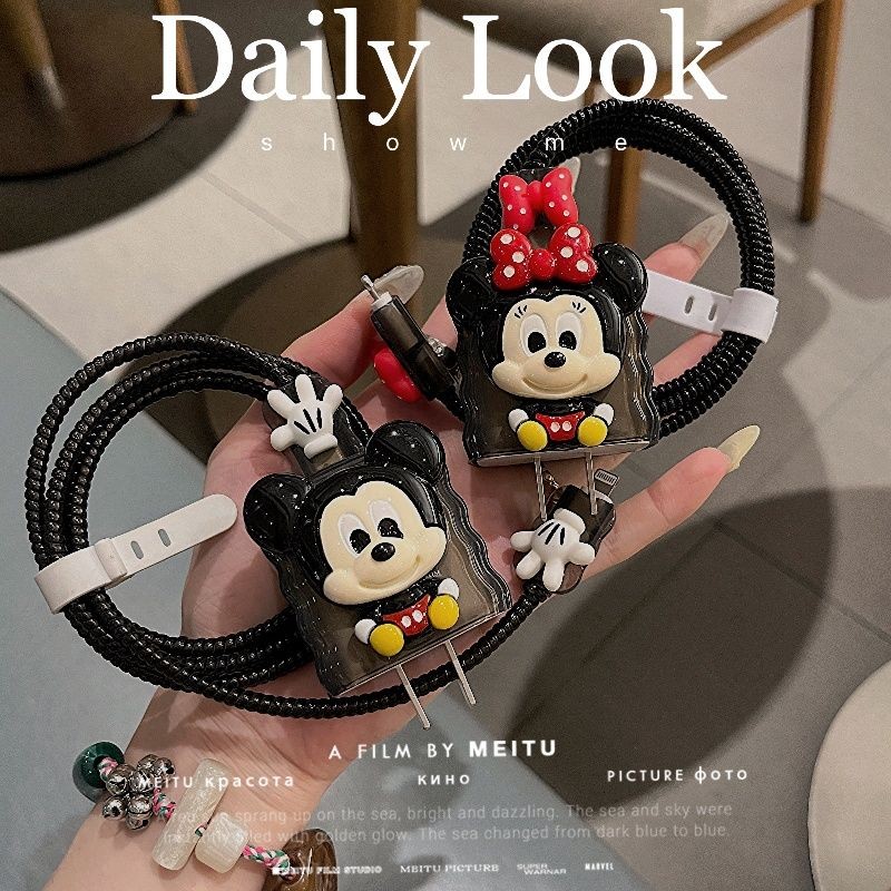 เคสซิลิโคนลายการ์ตูนมิกกี้สําหรับ Iphone 18w 20w หัวชาร์จปลอกสายเคเบิล