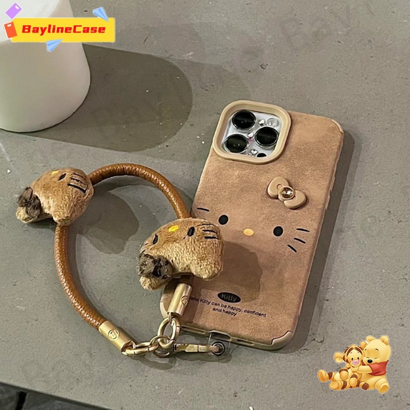 3d Bow หนังแกะนุ่มเคสโทรศัพท์ + เชือกการ์ตูน Hello Kitty สําหรับ iPhone 16 15 14 13 12 11 Pro Max X Xr Xs Max 8 7 Plus SE2020 คลุมทั้งหมดกันกระแทกป้องกันกรณี