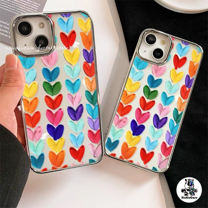 เคสไอโฟน11 16 หัวใจรักสี อินเทรนด์หรูหราชุบเลนส์กรอบสําหรับ For iPhone 11 16 12 13 14 15 Pro X 7Plus XR XS Max SE เคส