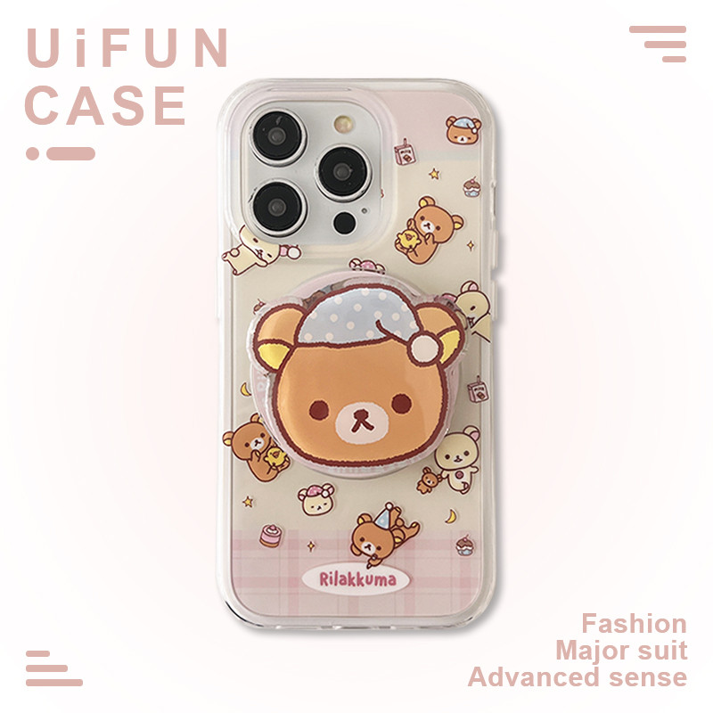 พรีเมี่ยม Kawaii Rilakkuma Bear ขาตั้งแม่เหล็กไร้สายชาร์จเคสโทรศัพท์สําหรับ iPhone 16 15 14 13 Pro Max Dirt Resistance TPU ปลอก