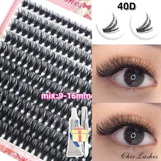 กาวฟรี 1 ชิ้น แหนบ 10D20D30D40D ชุดต่อขนตาไฮบริด ขนตาหนา 9-16 มม. ขนตางอน DIY ขนตาแบบคลัสเตอร์
