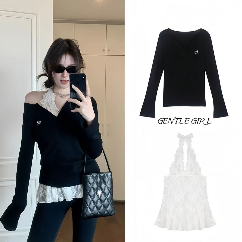 #GG🎀จัดส่งที่รวดเร็ว🎀ชุด 2 ชิ้น ~ เสื้อกล้ามลูกไม้คอวี + เสื้อท็อปสีดำ สไตล์เกาหลีหญิง หน้าร้อน หวานๆ เสื้อยืดคอวีแขนยาว