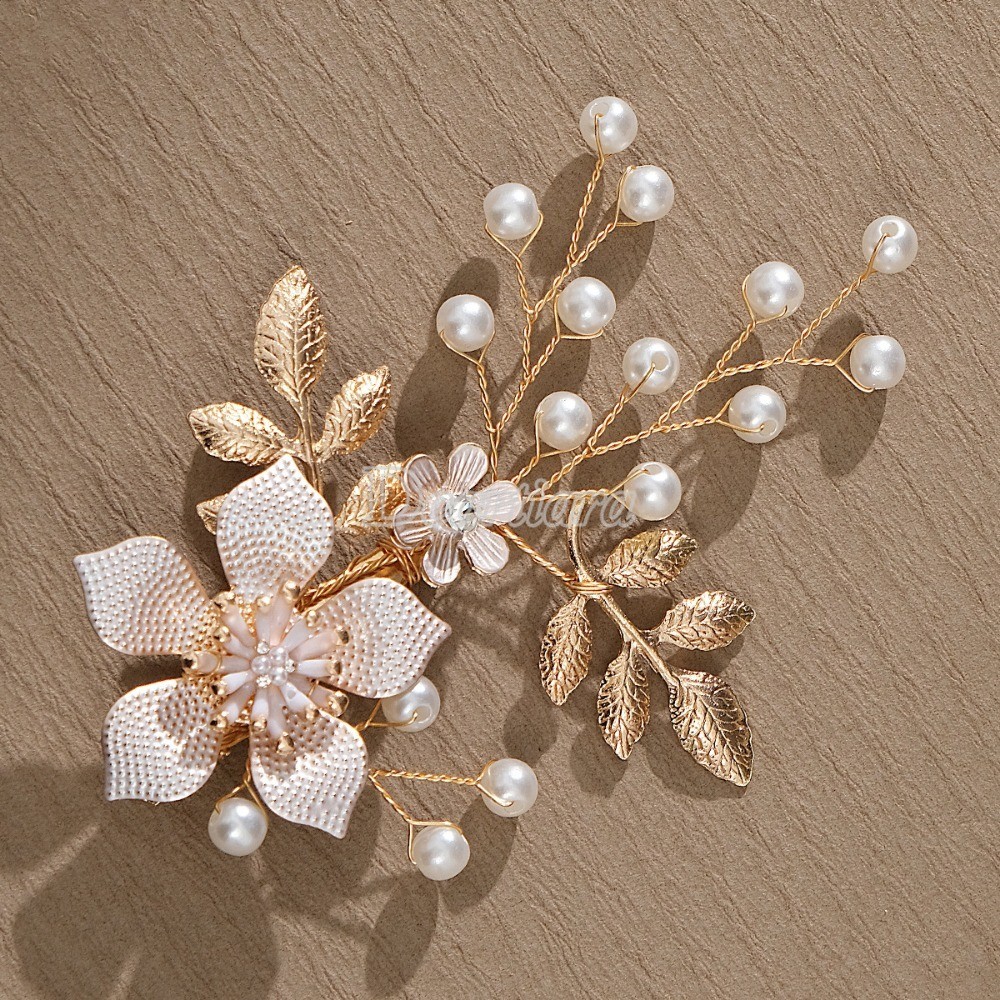 ยุโรปและอเมริกา Handmade ดอกไม้คลิปผมน้ํามันหยดโลหะผสมไข่มุกเจ้าสาวขอบคลิปชุดแต่งงาน Headwear อุปกรณ์เสริม