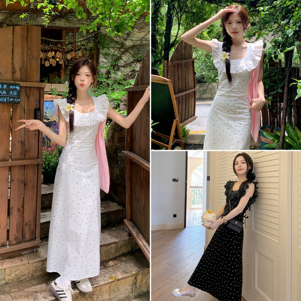 Betty house🌸พร้อมส่ง ชุดเดรสรัดรูปผู้หญิง เซ็กซี่แขนกุด เดรสลายจุด ดีไซน์ขอบใบบัว รุ่นใหม่ล่าสุด