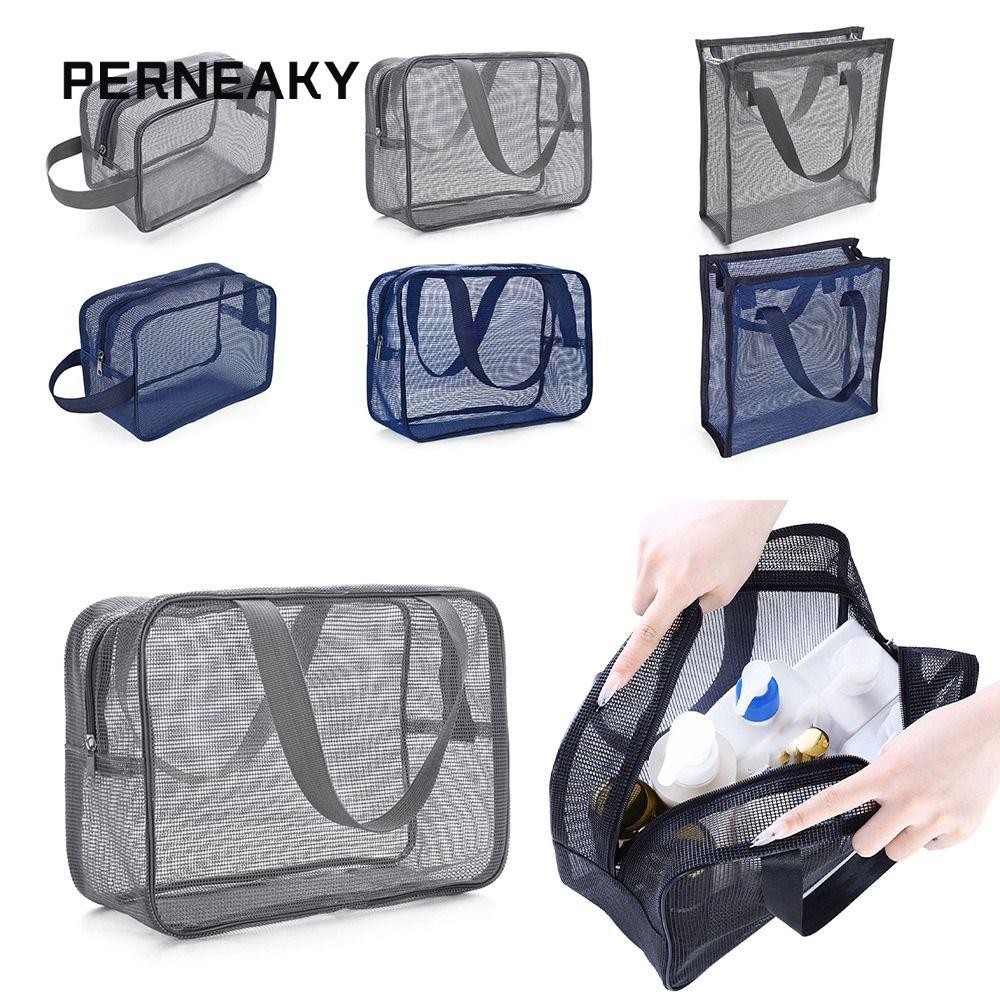 Perneaky ถุงตาข่ายอาบน้ํา, สีเทาสีฟ้า Beach Handhold Storage Bag, ตาข่ายพับได้ทนทานรั่วน้ําแต่งหน้ากระเป๋าถือห้องน้ํา Shower Organizer