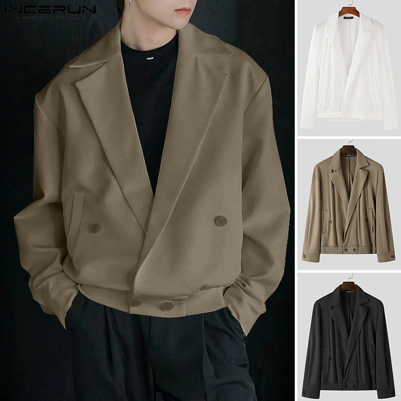 ไม่แน่นอน ผู้ชายเกาหลีลําลองสีทึบปกแจ็คเก็ตแขนยาว