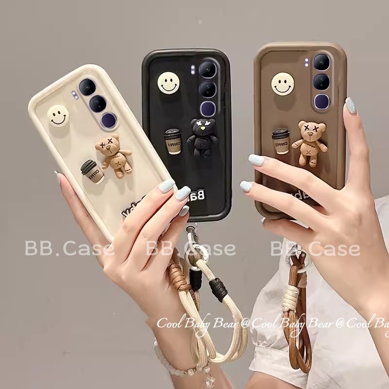 การ์ตูน เคสโทรศัพท์ Phone Case VIVO Y200 Y19s VIVOY200 5G เทรนด์ใหม่สร้างสรรค์น่ารัก 3D กาแฟหมีเลนส์ป้องกัน Anti-fall เคสโทรศัพท์ พร้อมสร้อยข้อมือ Cover 2024