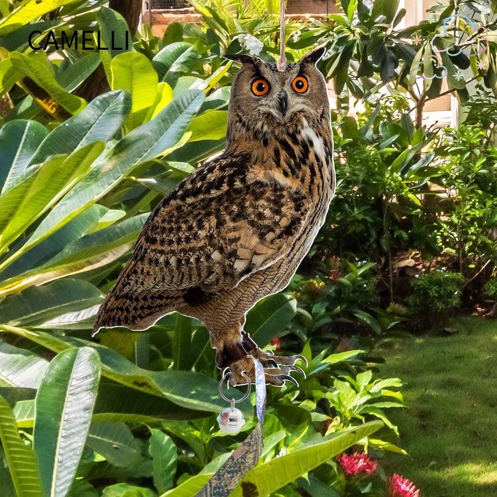 Camelli Bird Repellent Scare อุปกรณ์, ตกแต่งกันน้ํา Wind Chime ไล่นกปลอม, หุ่นไล่กานกฮูกแขวนกลางแจ้งพร้อม Bells Bird Repeller ระเบียง