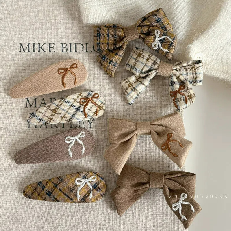 2ชิ้นเกาหลีกาแฟลายสก๊อตกิ๊บหญิงโบว์กิ๊บ