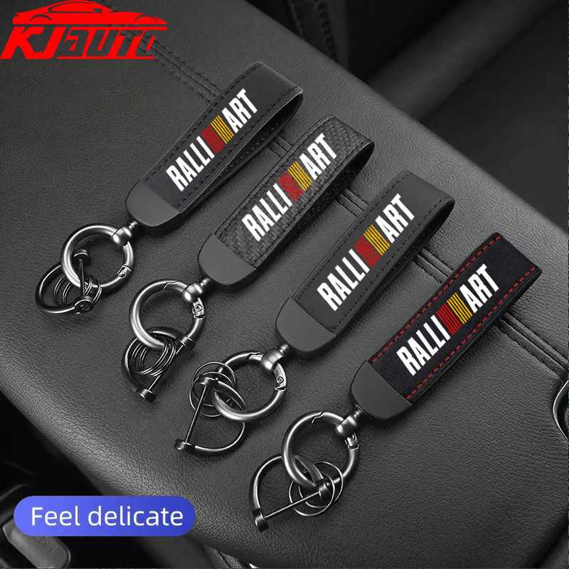 Mitsubishi RalliArt รถหนังนิ่มหนังพวงกุญแจจี้ Key Chain ผู้ถือคาร์บอน Patter Key รถ Trinket พวงกุญแจสําหรับ Mirage G4 Triton Xpander Lancer ASX Attrage Pajero อุปกรณ์เสริม