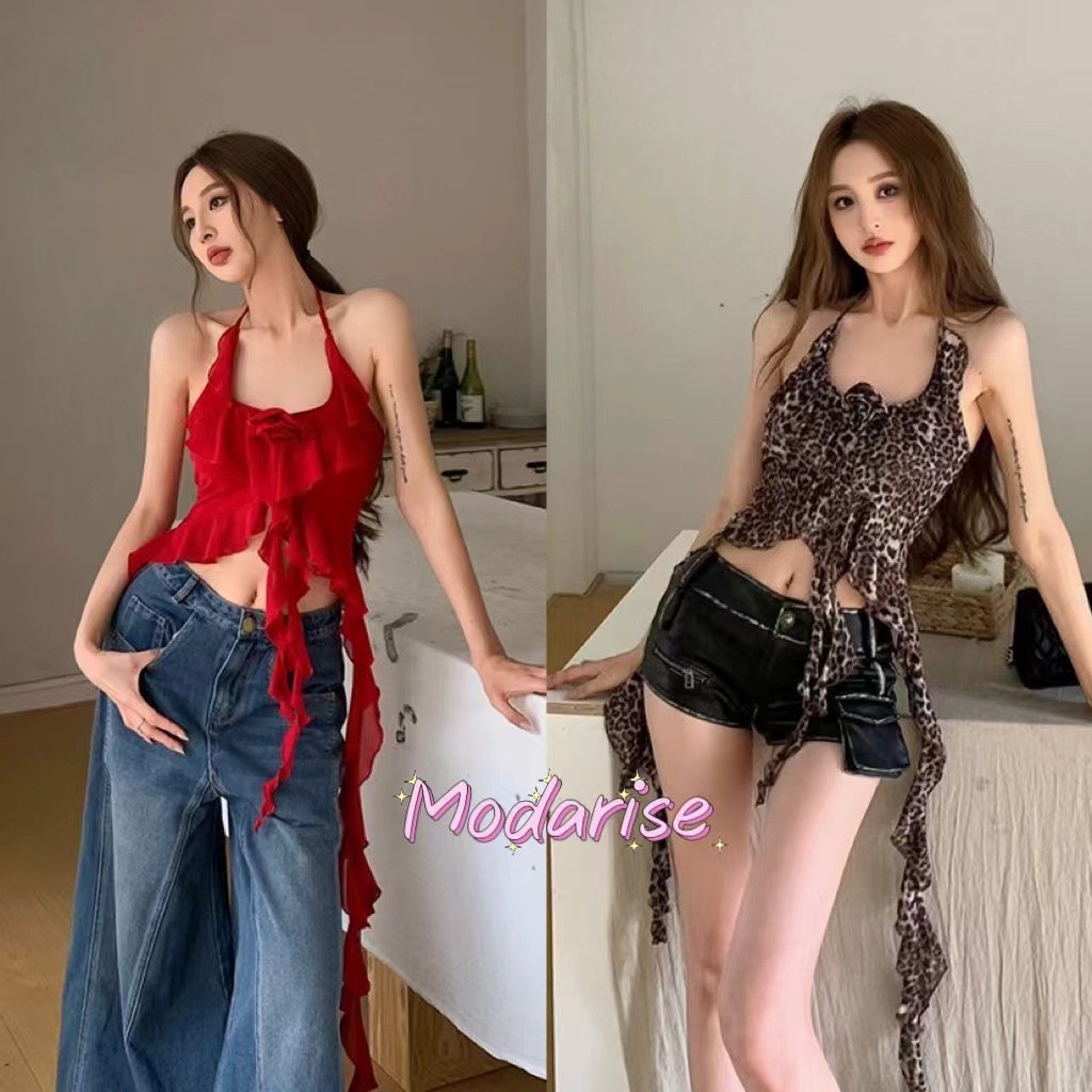 Modarise เสื้อคล้องคอผู้หญิง แขนกุด ตกแต่งดอกไม้ 3D เปิดไม่สม่ำเสมอที่ด้านหลัง แฟชั่นใหม่