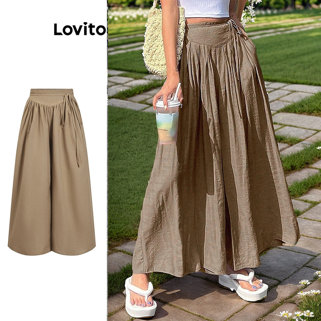 Lovito กางเกงลำลอง สีพื้น แต่งเข็มขัด จับจีบ สำหรับสตรี L71ED279 (สีน้ำตาล)