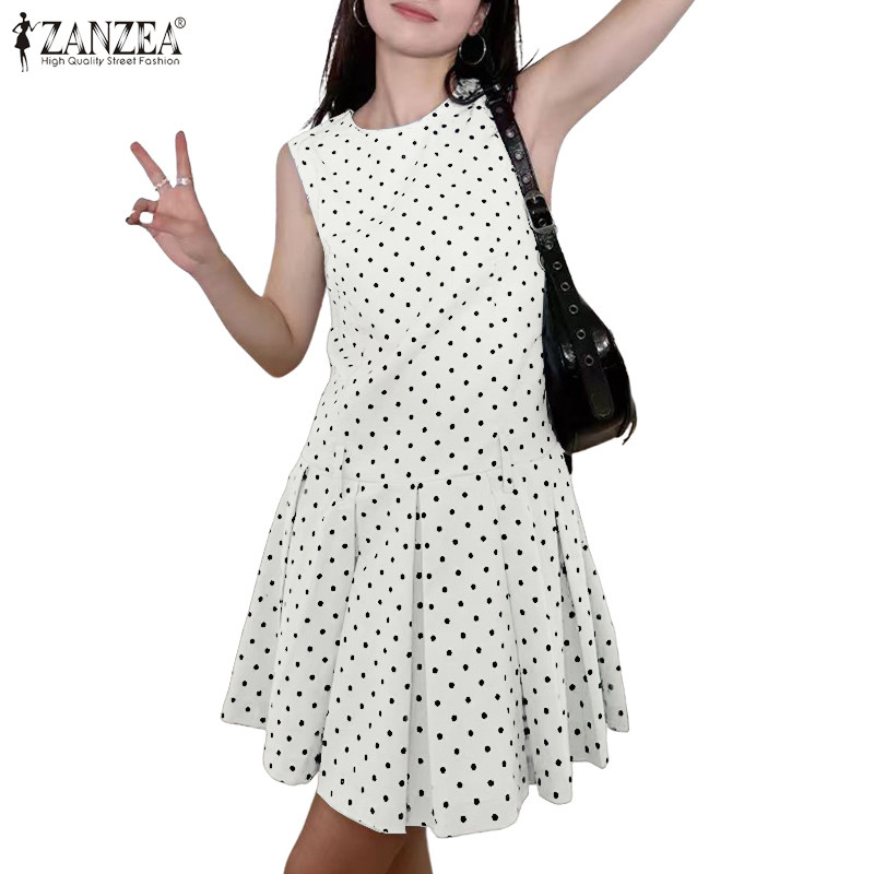 ZANZEA ชุดเดรสคอกลมแขนสั้น สไตล์ฝรั่งเศสเกาหลี พอยต์ดอท-tank dress สำหรับผู้หญิง