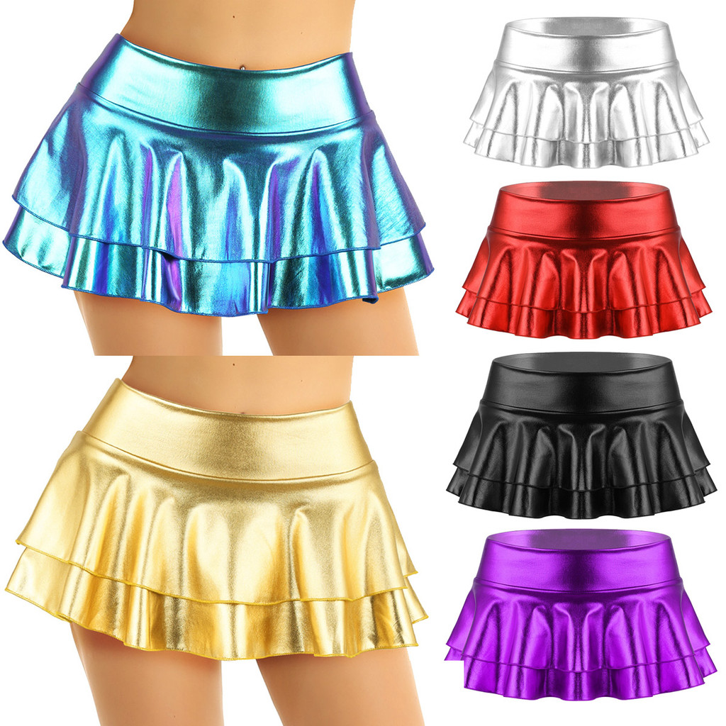 FEESHOW กระโปรงมินิโลหะเงา Low Rise Double Layered Ruffled สำหรับเต้นรำใน rave และเทศกาลดนตรี