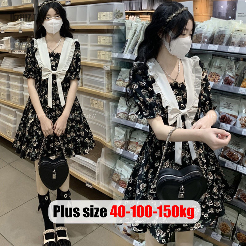 Plus Size✅เดรสสาวอวบ ไซส์ใหญ่ ผู้หญิง เดรสลายดอกไม้ สาวอวบ เดรสยาวปานกลาง แขนสั้น คอวี ขาระบาย เอวเข้ารูป ฤดูร้อน เกาหลี แฟชั่น สไตล์หวาน Oversize พลัสไซส์ สาว อวบอ้วน ใส่ได้
