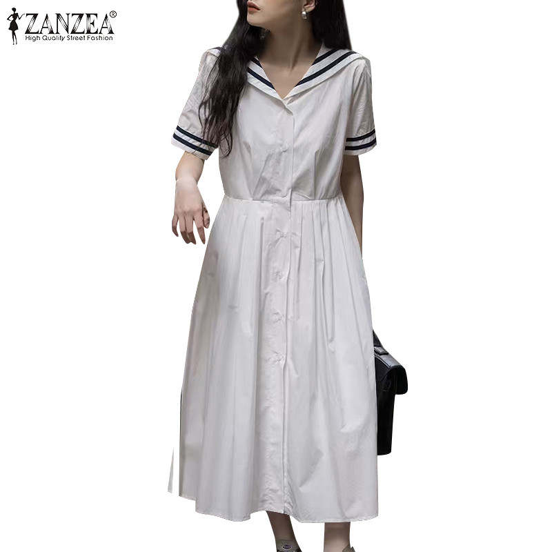 ZANZEA ชุดเดรสแขนสั้นคอปก สไตล์เกาหลี สีกรมท่าสำหรับผู้หญิง