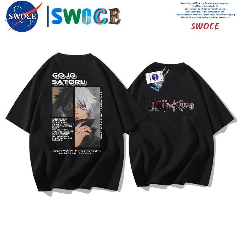 เสื้อยืด Jujutsu Kaisen ฤดูร้อนอนิเมะญี่ปุ่น Satoru Gojo พิมพ์เสื้อยืดแขนสั้นอะนิเมะอุปกรณ์ต่อพ่วงสีขาวด้านบน