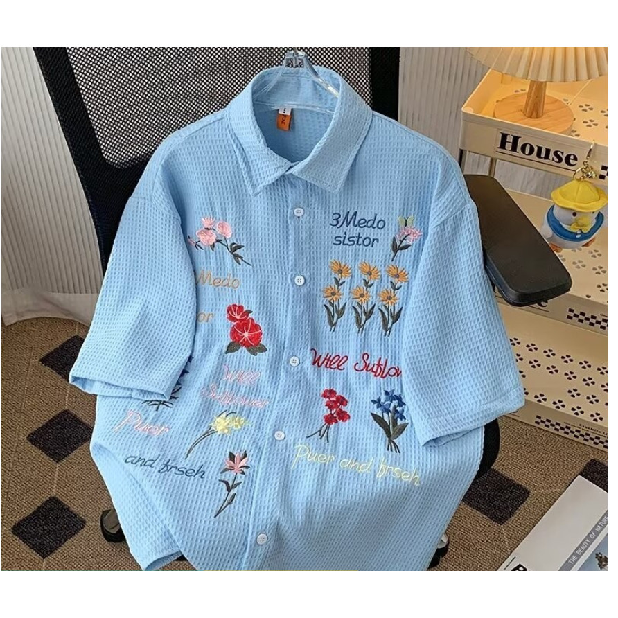 ย้อนยุควาฟเฟิลดอกไม้ที่มีสีสันเย็บปักถักร้อยหลวมสไตล์ขี้เกียจเสื้อแขนสั้นผู้ชายผู้หญิง