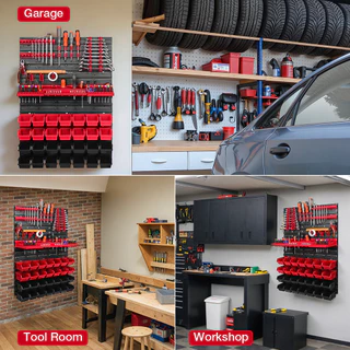 โรงรถติดผนังชั้นวางเครื่องมือ Pegboard 49 ชิ้นชุดพร้อมถังขยะและตะขอแขวนผนังชั้นวางออแกไนเซอร์สําหรับเครื่องมือจัดเก็บฮาร์ดแวร์