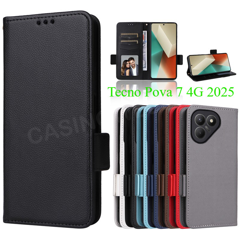 ปลอกสําหรับ Tecno Pova 7 TECNO Pova7 Ultra Pova8 Pro Pova 8 6 Pro 4G หรูหราหนังหัวเข็มขัดด้านข้างลิ้นจี่เนื้อเคสโทรศัพท์ช่องเสียบการ์ดกระเป๋าสตางค์ขาตั้งฝาครอบกันกระแทกโทรศัพท์