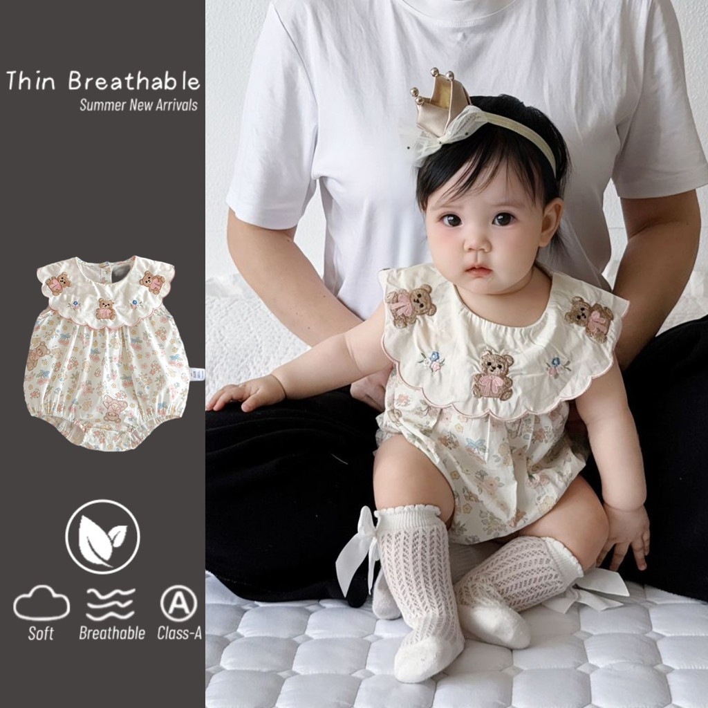 ชุดรอมเปอร์แขนกุดสำหรับเด็ก gái 0-24 เดือน ผ้าฝ้ายแท้ สไตล์เจ้าหญิง มีลายการ์ตูนหมีและดอกไม้น่ารัก