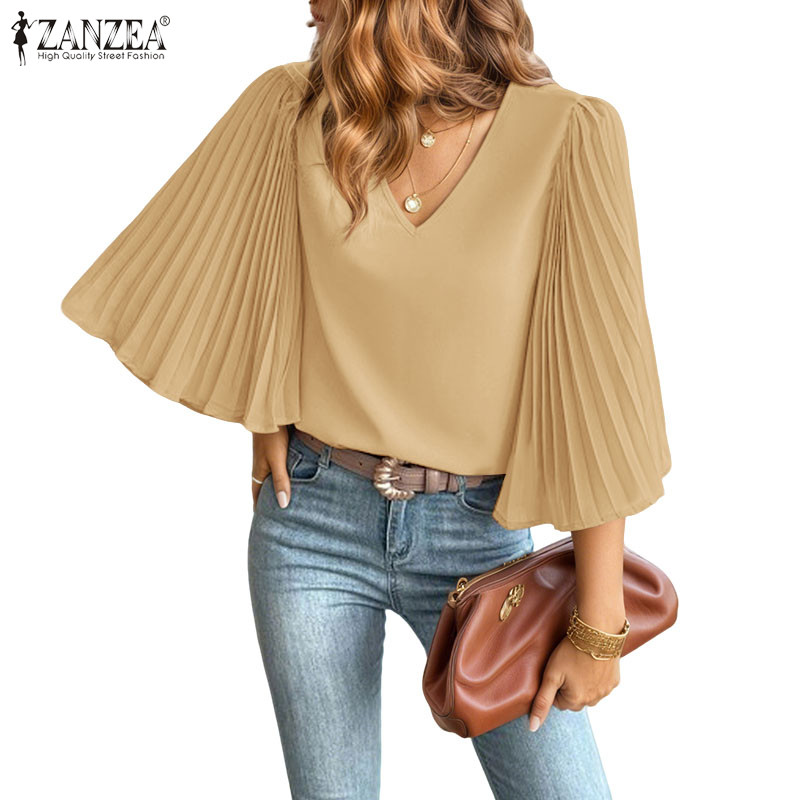 ZANZEA เสื้อเชิ้ตวินเทจสำหรับผู้หญิง แบบ V คอจีบแขนบาน สไตล์เรียบหรู