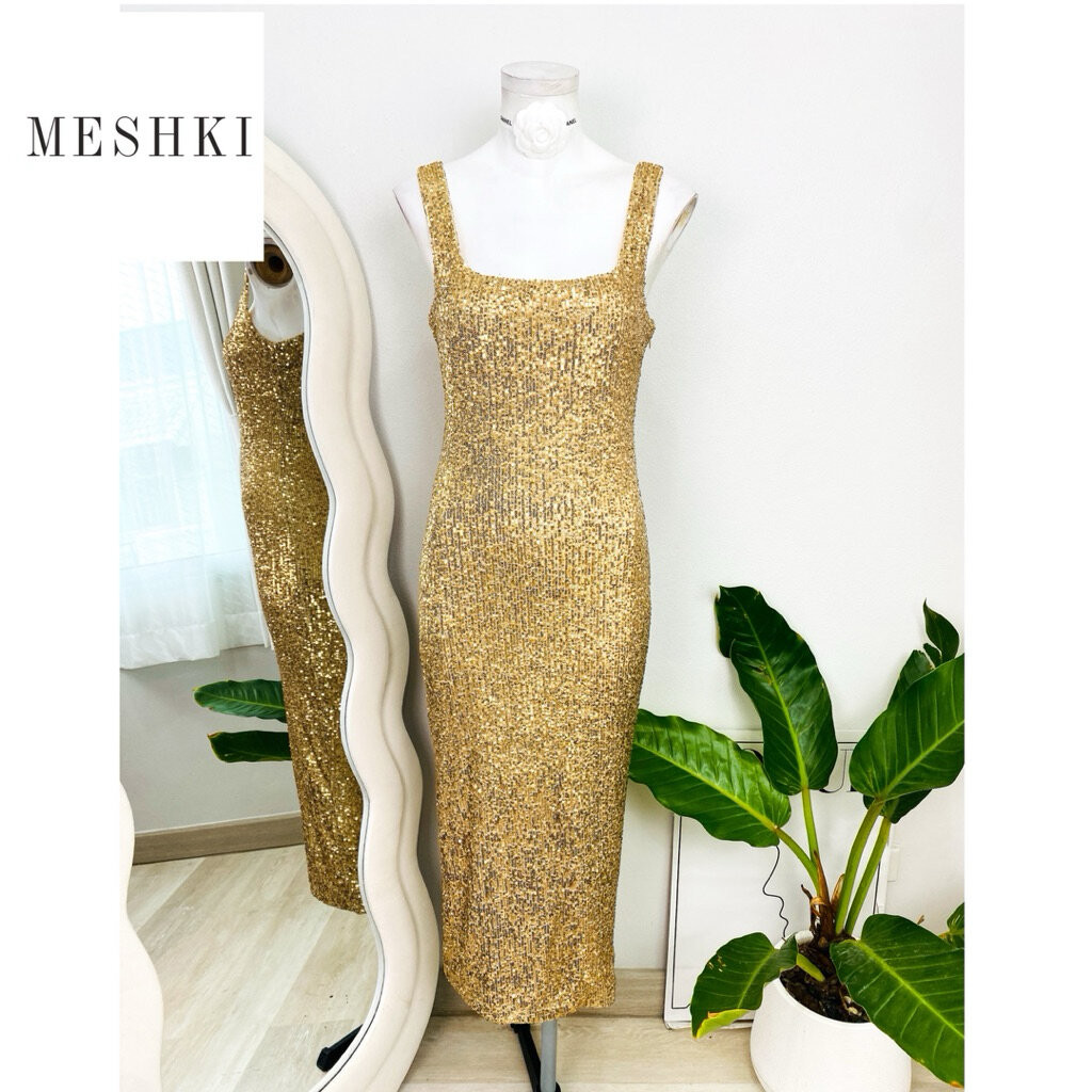 ไซด์ M มือ1 แบรนด์ Meshki แท้ 100%🌸เดรส คอเหลี่ยม Luxury งานเกล็ดวิบวับ สีทอง ใส่ออกงาน เดรสออกงาน ช