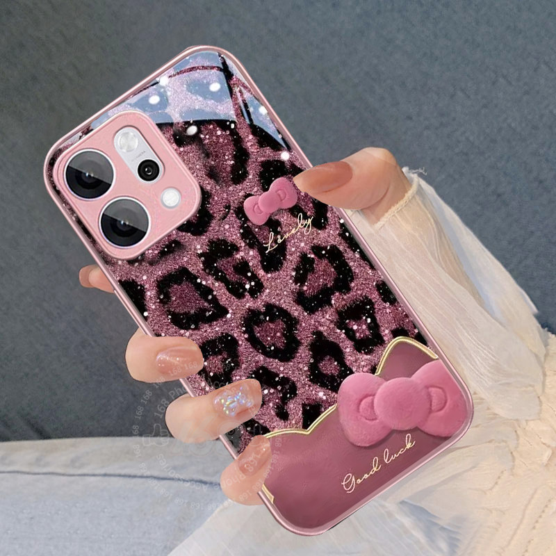 เคส OPPO Reno 14 14F 15 15F 5G เคส OPPO Reno 14 15 Pro Max 5G เคสน่ารักสีสันทันสมัยแวววาวเสือดาวพิมพ์โบว์คิตตี้แมวกันกระแทกเคสหรูหราของเหลวแข็งกระจกปกสําหรับสาวผู้หญิงผู้หญิง