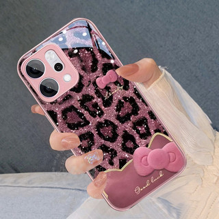 เคส OPPO Reno 14 14F 15 15F 5G เคส OPPO Reno 14 15 Pro Max 5G เคสน่ารักสีสันทันสมัยแวววาวเสือดาวพิมพ์โบว์คิตตี้แมวกันกระแทกเคสหรูหราของเหลวแข็งกระจกปกสําหรับสาวผู้หญิงผู้หญิง