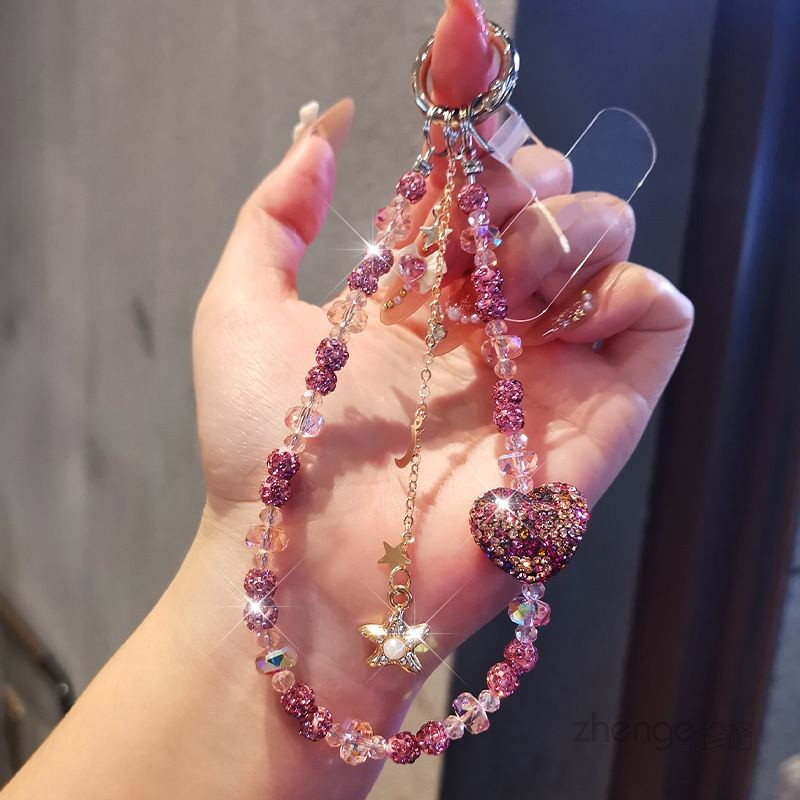 High-End ฝัง Rhinestone Love Heart โทรศัพท์มือถือ Lanyard สั้น ins แฟชั่น Star จี้เครื่องประดับคริสตัลกลางแจ้ง Strong