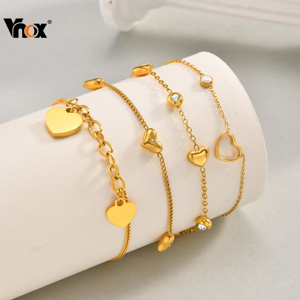 Vnox Heart-Shaped Zircon Cubic Link Chain สร้อยข้อมือ,ทองสแตนเลส Hypoallergenic สร้อยข้อมือเครื่องประดับ Love ของขวัญ