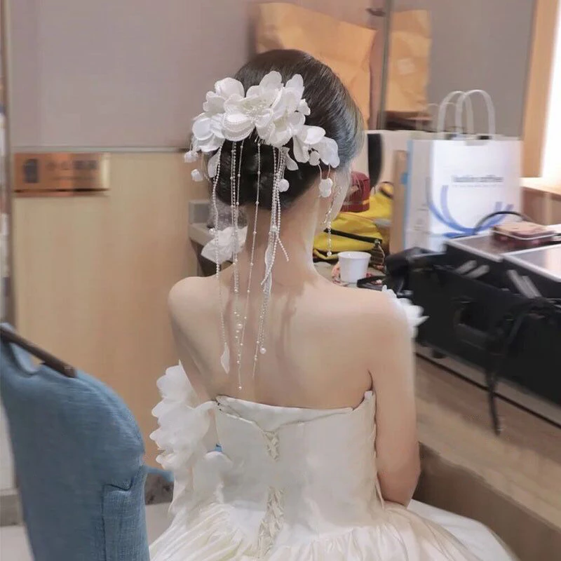 [ใช่] เครื่องประดับผมเจ้าสาวสไตล์โมริซูเปอร์นางฟ้าซาตินมุกดอกไม้ลูกปัดกิ๊บหวีผมอุปกรณ์จัดงานแต่งงานระดับไฮเอนด์ วีพียู6