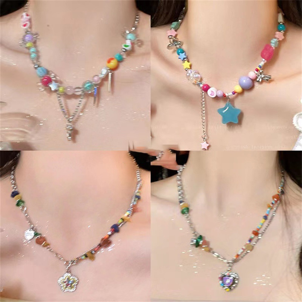 （จัดส่งจากประเทศไทย ）สร้อยคอพู่ลูกปัดสีสันสดใสหวานแหวว จี้รูปหัวใจรูปดาวห้าแฉก สร้อยคอลายลูกกวาดสีรุ้งสำหรับผู้หญิง