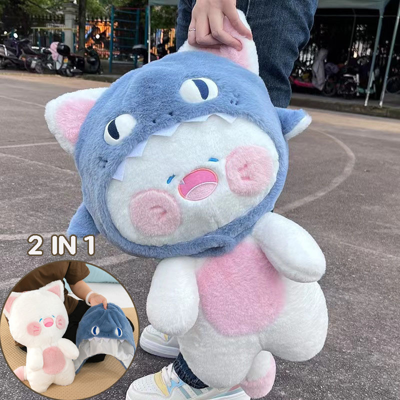 35/50ซม ตุ๊กตาแมว สวมหมวกฉลาม แมวฉลาม ของเล่นตุ๊กตา อ่อนนุ่ม หมวกสามารถถอดออกได้ น่ารักมาก