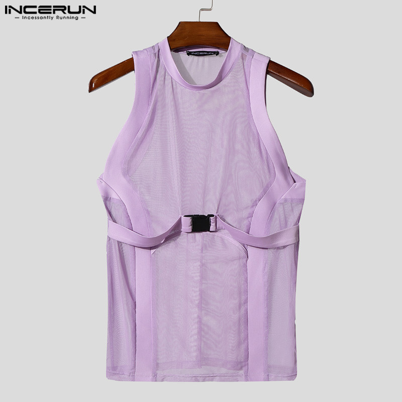 INCERUN เสื้อยืดแขนสั้นผู้ชาย ลายการถอดประกอบแบบผสมผสาน แฟชันใหม่