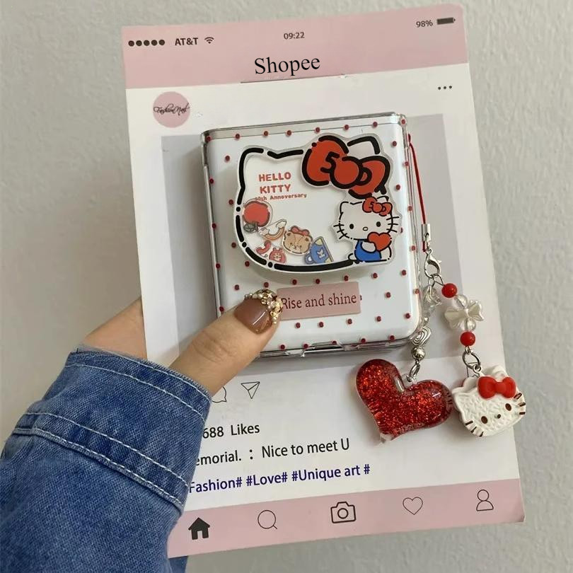 น่ารักลายจุดสีแดง KT Cat Sway Bracket เคสโทรศัพท์เหมาะสําหรับ Samsung Galaxy ZFlip7 ZFlip 7 6 5 4 3 5G เชือกเส้นเล็กเปลือกพับสําหรับ N2 N3flip Mixflip ฝาครอบป้องกัน – โปรปัง