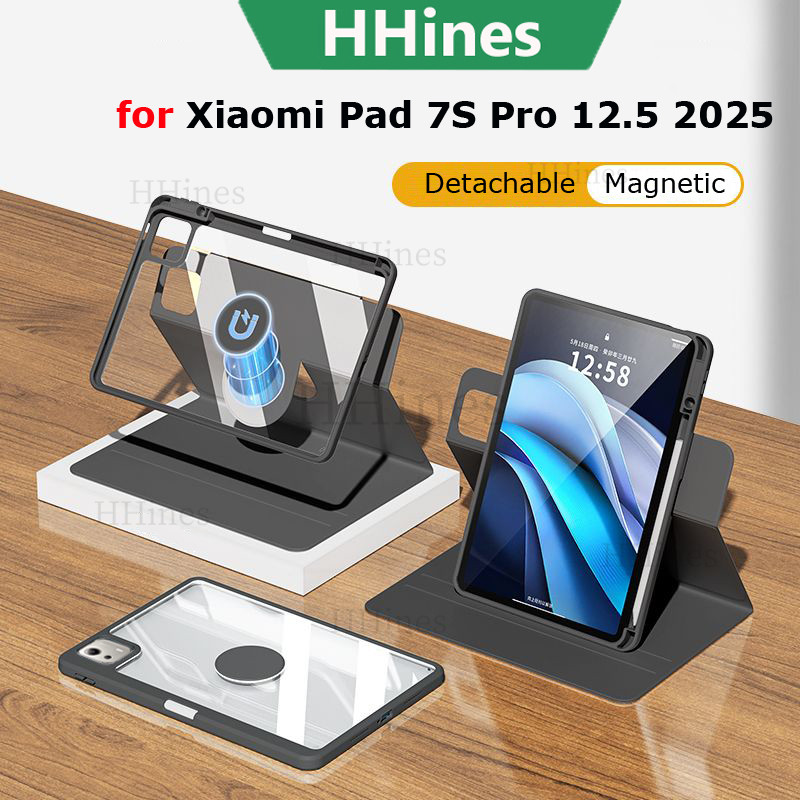 HHines สําหรับ Xiaomi Pad 7S Pro 12.5 2025 6S Pro 12.4 สําหรับ Xiaomi 7 7Pro 11.2Mi Pad 6 Pro 5 11 นิ้ว 360° แม่เหล็กแยกที่ถอดออกได้หมุนฝาครอบอะคริลิโปร่งใส