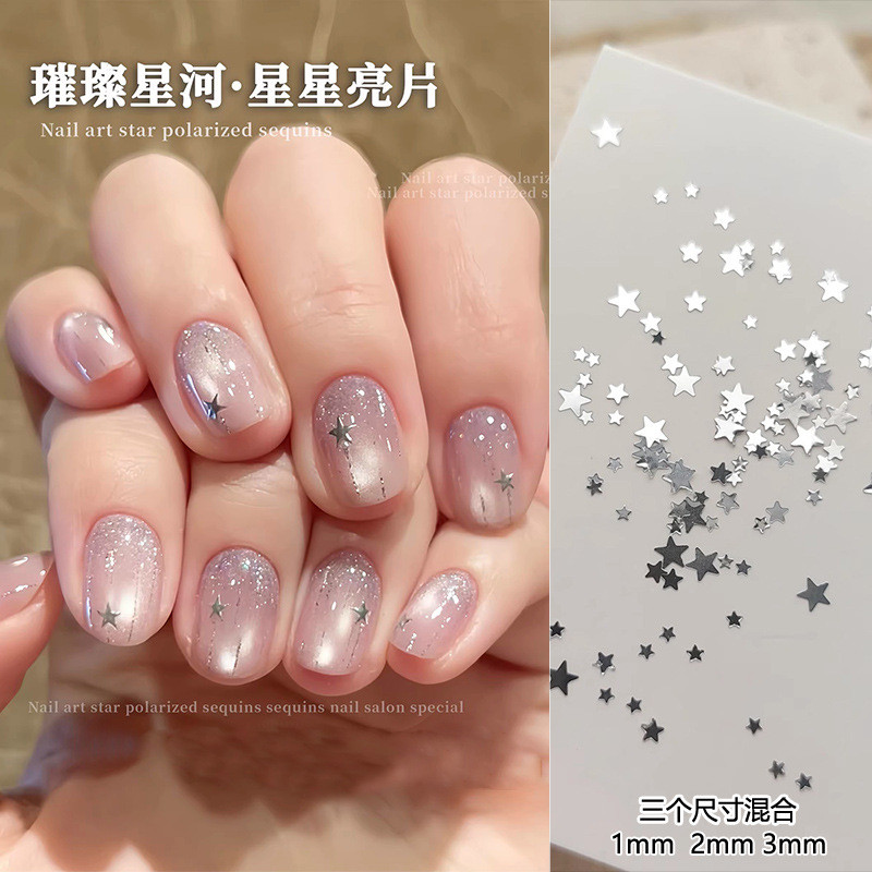 อุปกรณ์ตกแต่งเล็บแบบเลื่อมรูปดาว ขนาดเล็กและขนาดใหญ่ ผสมสีเงิน ดาวห้าแฉกขนาดเล็กบางเฉียบ