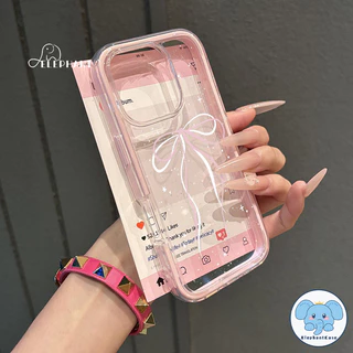 เคสไอโฟน15 สำหรับ IPhone 16 17 air 13 11 15 14 12 Pro Max 16 15 14 Plus เคสกันกระแทก2in1สีชมพูโรแมนติกพร้อมโบว์ริบบิ้น