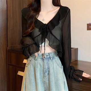 เสื้อคลุมแขนยาวงานชีฟองบาง ดีเทลเชือกผูกโบว์ด้านหน้า แนวสาวเกาหลี ชายแต่งระบาย ผ้าดีใส่สบาย น่ารักมาก