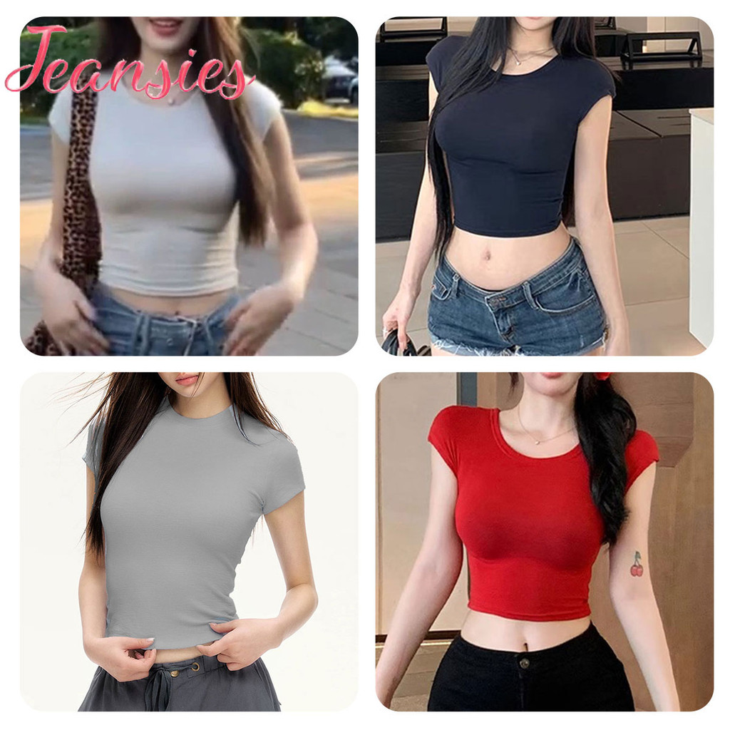 เสื้อครอปแขนสั้น รัดรูป โชว์เอวสวย
