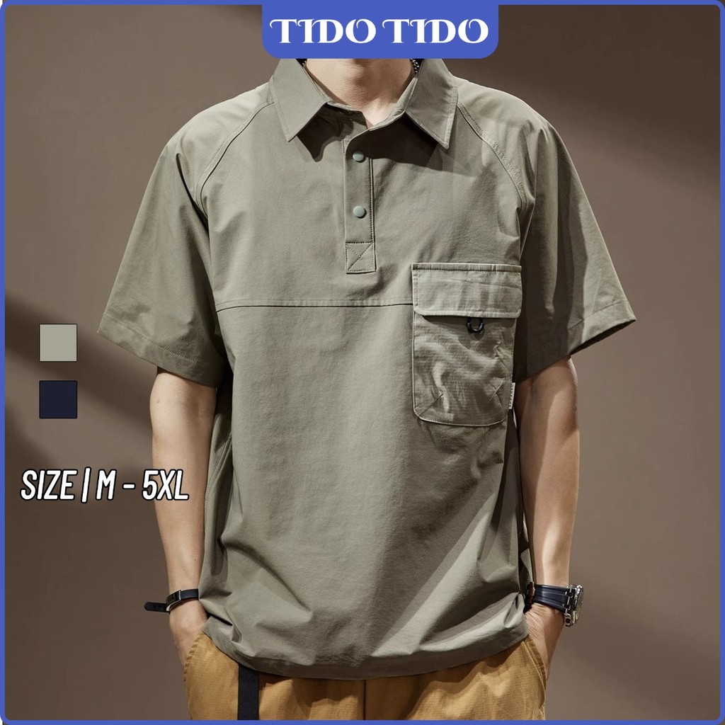 เสื้อโปโลแขนสั้นผู้ชาย ทรงเรโทร ดีไซน์คล่องตัว พร้อมกระเป๋าหน้าอก พอดีตัว trend ในฤดูร้อน