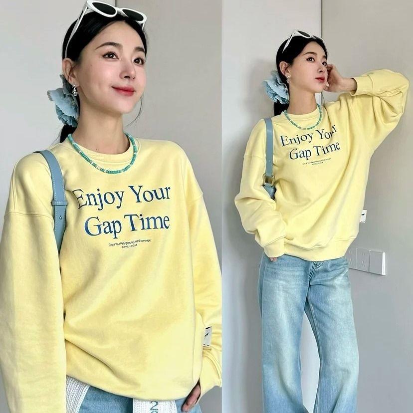 เสื้อสเวตเตอร์สไตล์เรโทรยุคสหรัฐ สีเหลือง อ๊อกซ์ไซซ์สำหรับผู้หญิง