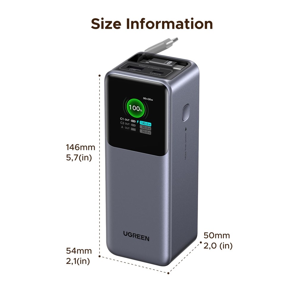 UGREEN 20000mAh 130W 165W Nexode Power Bank ในตัวสาย USB C แล็ปท็อป 12000mAh 25000MAH ชาร์จแบบพกพา WIth สมาร์ทจอแสดงผล ราคา ถูกที่สุด ดีลบีเคเค แกลเลอรีภาพที่ 9